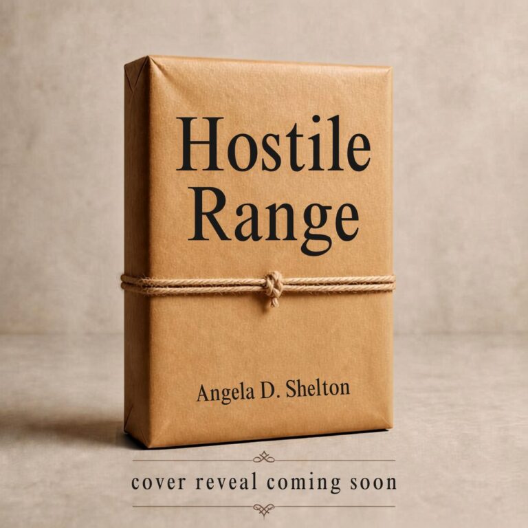 Hostile Range by Angela D. Shelton, a book wrapped in kraft paper and tied with twine, captioned cover reveal coming soon