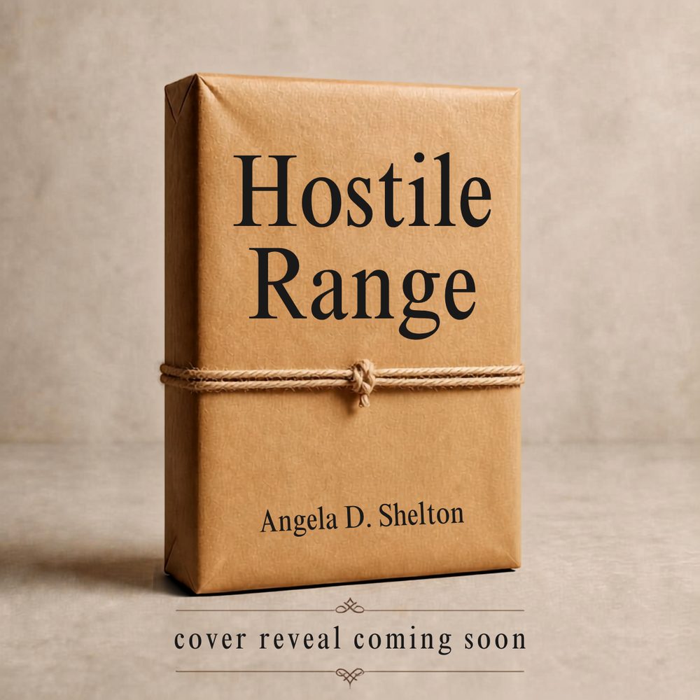 Hostile Range by Angela D. Shelton, a book wrapped in kraft paper and tied with twine, captioned cover reveal coming soon