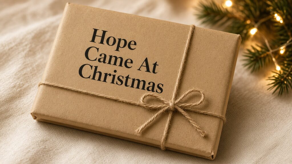 Hope Came At Christmas, a book wrapped in kraft paper and tied with twine beside pine branches and soft Christmas lights