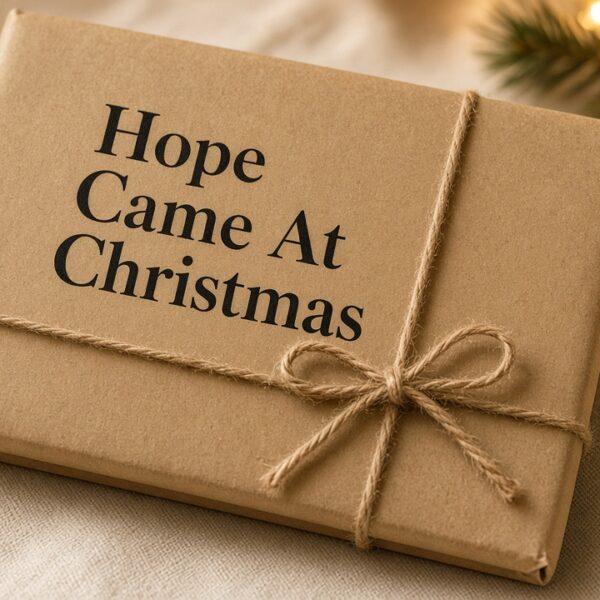 Hope Came At Christmas, a book wrapped in kraft paper and tied with twine beside pine branches and soft Christmas lights